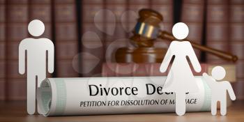 Divorce and custody child concept. Divorce decree, gavel and family silhouette on book background. 3d illustration