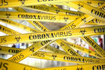 Coronavirus caution on yellow warning tape. Viral epidemyic and apndemic in China. 3d illustration