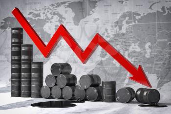 Crisis in oil and petroleum ndustry. Oil barrels and falling graph on world map background. Oil price or production decrease concept. 3d illustration