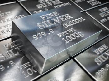 Silver bars or ingots background. Precious metal. 3d illustration 