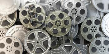 Film reels and cans. Video, movie, cinema concept. 3d illustration