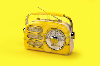 Yellow vintage radio on yellow background. 3d illustration