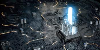 CPU processor with graph from crystales on the circuit board motherboard. Compare of speed level and cooling of CPU information technology concept. 3d illustration