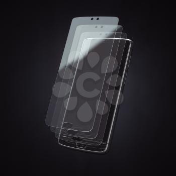 Smartphone screen protector glass or film cover. Transparent multi layered glass shield for mobile phone. 3d illustration