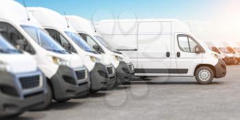 Delivery vans in a row with space for logo or text. Express delivery and shipment service concept. 3d illustration