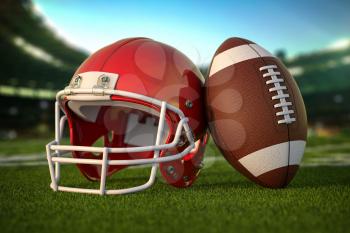 American football ball and helmet on the grass of football arena or stadium. 3d illustration