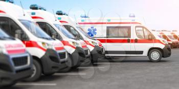 Ambulance cars in a row on a parking. 3d illustration