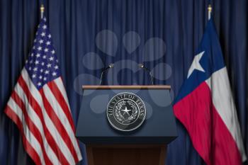 Press conference of governor of the state of Texas concept. Big Seal of the State of Texas on the tribune with flag of USA and Texas state.  3d illustration