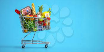 Shopping cart full of food on blue background. Grocery and food store concept. 3d illustration