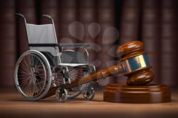 Disability law and social services for disabled people concept. Wheelchair and gavel. 3d illustration