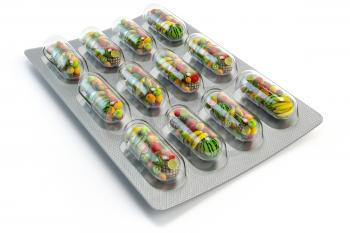 Multivitamins and dietary natural supplements for a healthy diet. Fruits in pills on blister pack. 3d illustration