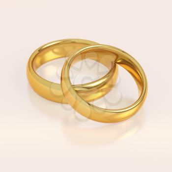 Two golden wedding rings in a heart shape on pink background. Love and marriage concept.