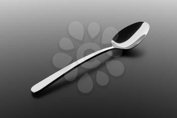 Silver spoon on a table. Fine cutlery on grey background. Single fork on a table. Silverware with shadow. 3D illustration.