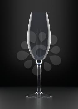 Empty Champagne Glass on black background. Alcoholic cocktail glassware. 3D illustration.