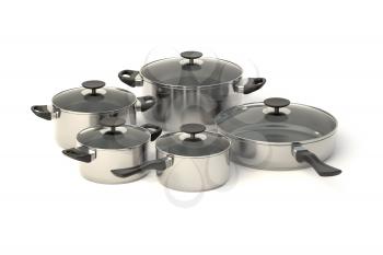 Stainless steel pots and pans on white background. Set of five cooking kitchenware with glass see through lids. 3D illustration.