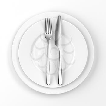 Fork and knife with plates. Serving table. Two empty plates ready for food. Photo realistic 3D illustration. Cutlery, kitchen silverware. For use in menu, restaurant printables, web site.