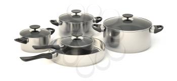 Stainless steel pots and pans on white background. Set of five cooking kitchenware with glass see through lids. 3D illustration.