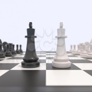 Two chess pieces on a chessboard. Black and white kings facing each other. Competition, discussion, agreement or opposition and confrontation concept. 