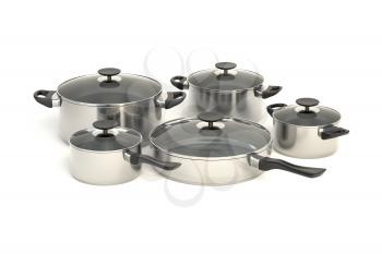 Stainless steel pots and pans on white background. Set of five cooking kitchenware with glass see through lids. 3D illustration.