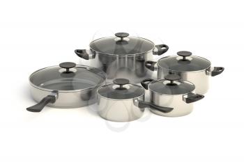 Stainless steel pots and pans on white background. Set of five cooking kitchenware with glass see through lids. 3D illustration.