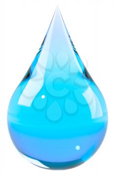 Water drop isolated on white. Blue liquid drop. Save water, ecology, drink water concept. Graphic design element for poster, flyer, water bottle packaging. 3D illustration