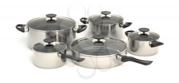 Stainless steel pots and pans on white background. Set of five cooking kitchenware with glass see through lids. 3D illustration.