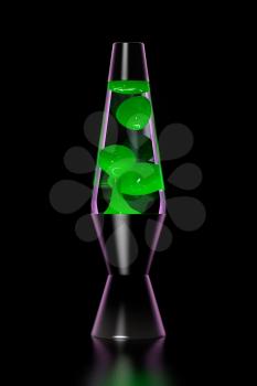 Lava lamp with green lava on black background Dark key.