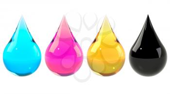 CMYK color scheme set. Cyan, magenta, yellow, black drops set isolated on white. Graphic design element for poster, flyer, print manual, printer ink packaging. 3D illustration