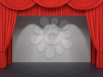 Red stage curtains. Luxury red velvet drapes, silk drapery. Realistic closed theatrical cinema curtain. Waiting for show, movie end, revealing new product, premiere, marketing concept. 3D illustration