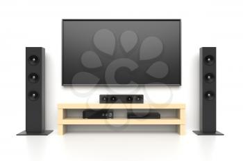 Home cinema set with large lcd tv panel, music speakers, video disc player, amplifyer. Living room interior concept. Graphic design element for movie advertisement, multimedia system sale. 3D illustration