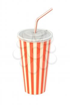 Fast food cola drink cup, drinking straw. Generic striped beverage package isolated on white background. Graphic design element for restaurant advertisement, menu, poster, flyer. 3D illustration