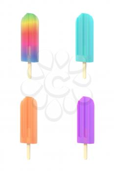 Popsicle icecream on stick set. Isolated on white background. Delicious bright colored fruity summer dessert. Graphic design element for menu, scrapbooking, poster, flyer. 3D illustration