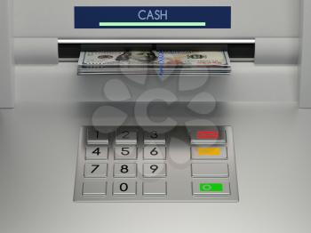 Atm machine keypad with banknotes in the money slot. Password security, online payment, cash withdrawal deposit, transfer funds, giving money returning bank debt concept. 3D illustration