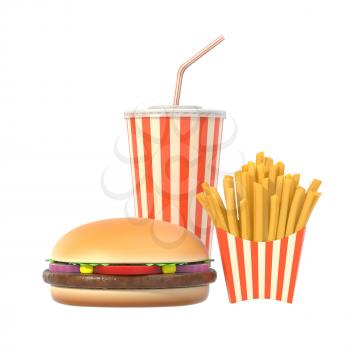 Fast food set isolated on white background with shadow. Hamburger, french fries, cola in generic striped package. Graphic design element for restaurant advertisement, menu, poster. 3D illustration