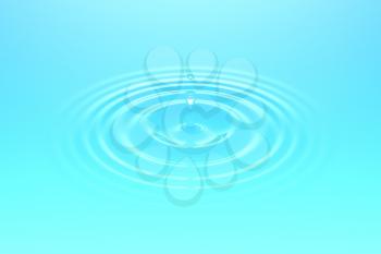 Water drop or rain drop falling on water surface. Liquid ripple splash in sunlight with reflection, macro image. Graphic design element for poster, package, flyer. Abstract background, 3D illustration