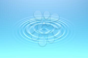 Water drop or rain drop falling on water surface. Liquid ripple splash in sunlight with reflection, macro image. Graphic design element for poster, package, flyer. Abstract background, 3D illustration