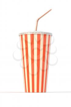 Fast food cola drink cup, drinking straw. Generic striped beverage package isolated on white background. Graphic design element for restaurant advertisement, menu, poster, flyer. 3D illustration