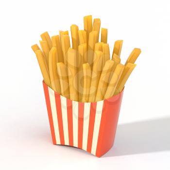 Fast food french fries in a container. Generic striped fried potato chip package isolated on white background. Graphic design element for restaurant advertisement, menu, poster, flyer. 3D illustration