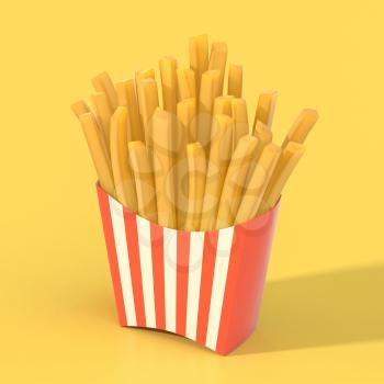 Fast food french fries in a container. Generic striped fried potato chip package on yellow background. Graphic design element for restaurant advertisement, menu, poster, flyer. 3D illustration