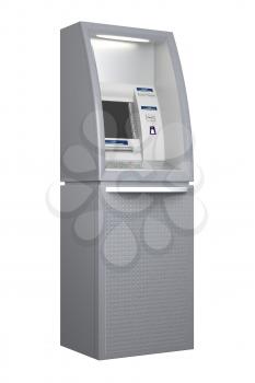 Atm machine isolated on white background, side view. Pin code safety, automatic banking, electronic cash withdrawal, bank account access concept. 3D illustration