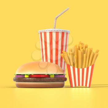 Fast food set on yellow background with shadow. Hamburger, french fries and cola in generic package with stripes. Graphic design element for restaurant advertisement, menu or poster. 3D illustration