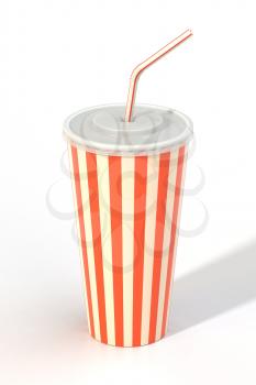 Fast food cola drink cup, drinking straw. Generic striped beverage package isolated on white background. Graphic design element for restaurant advertisement, menu, poster, flyer. 3D illustration