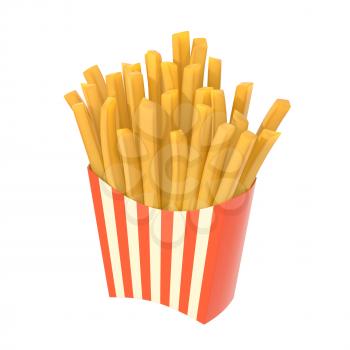 Fast food french fries in a container. Generic striped fried potato chip package isolated on white background. Graphic design element for restaurant advertisement, menu, poster, flyer. 3D illustration