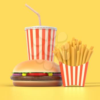 Fast food set on yellow background with shadow. Hamburger, french fries and cola in generic package with stripes. Graphic design element for restaurant advertisement, menu or poster. 3D illustration