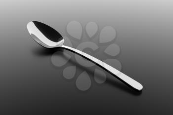 Silver spoon on a table. Fine cutlery on grey background. Single fork on a table. Silverware with shadow. 3D illustration.