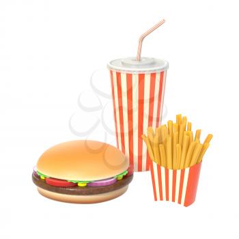 Fast food set isolated on white background with shadow. Hamburger, french fries, cola in generic striped package. Graphic design element for restaurant advertisement, menu, poster. 3D illustration