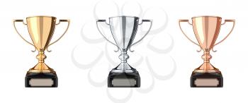 Set of trophies gold, silver, bronze. Trophy cup isolated on white background. Graphic design element. Victory, best product, service, employee, 1 place concept. Achievement in sports. 3D illustration