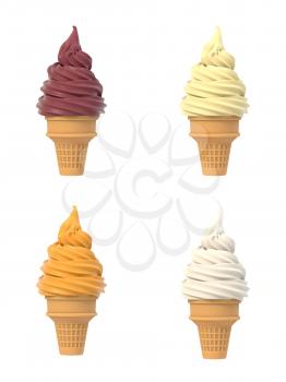 Soft ice icecream in waffle cone set. Isolated on white background. Delicious flavor summer dessert. Graphic design element for advertisement, menu, scrapbooking, poster, flyer. 3D illustration