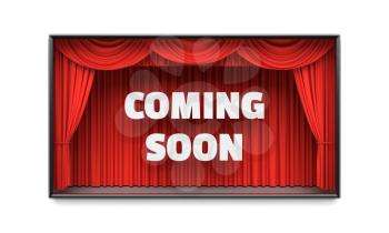 Coming Soon poster with red stage curtains revealing a message. Cable tv show advertisement, blockbuster movie premiere, party invitation poster, new product flyer concept. 3D illustration