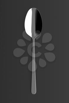 Silver spoon on a table. Fine cutlery on grey background. Single fork on a table. Silverware with shadow. 3D illustration.